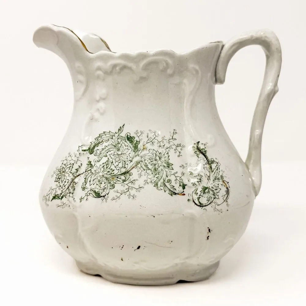 Antique Wick China Co Aurora Ironstone Pitcher Green Transferware Floral Gilt